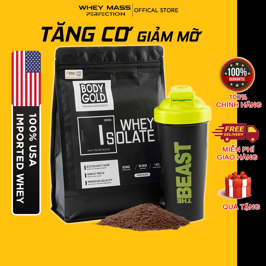 Sữa Tăng Cơ Giảm Mỡ - Whey Protein Isolate Body Gold túi 1Kg + Tặng bình lắc Shaker