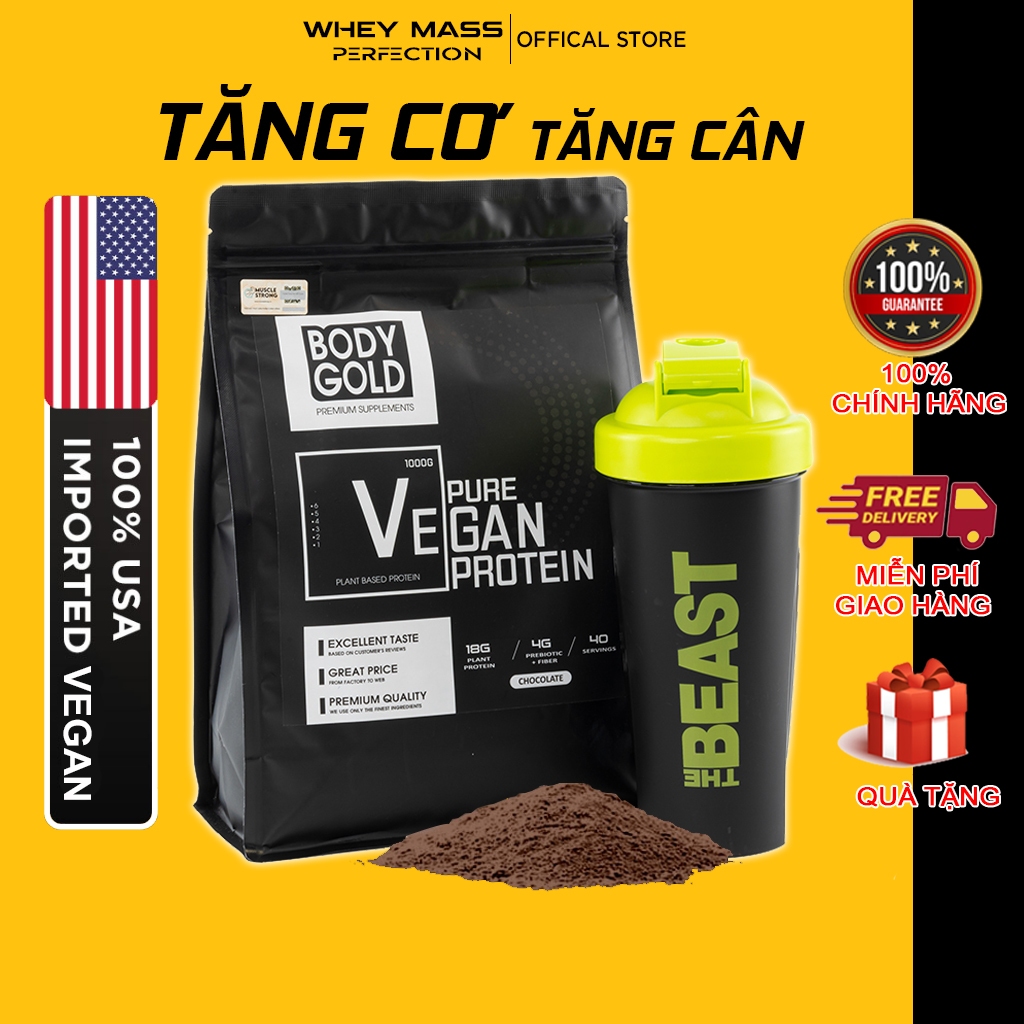 Sữa Tăng cân Tăng Cơ - Vegan Protein BodyGold - Túi 1KG + Tặng bình lắc Shaker