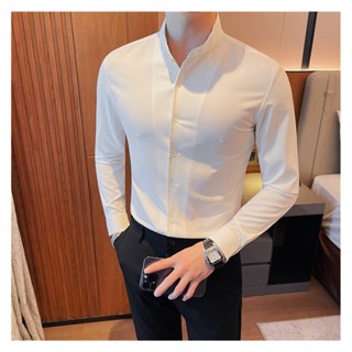 Áo sơ mi nam hàn quốc cao cấp kiểu cổ tàu đứng dáng slim fit,chất lụa co giãn không nhăn,áo sơ mi trăng nam đi học làm