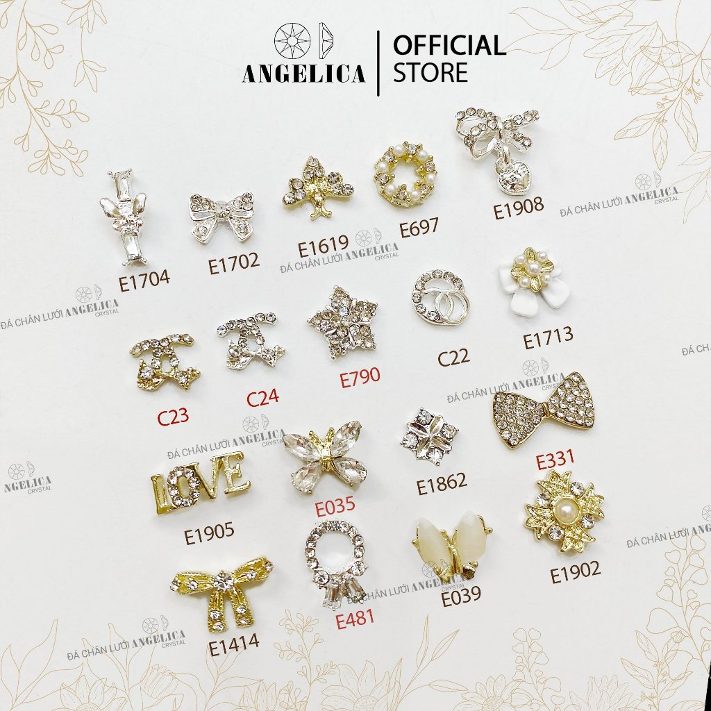 Set charm đá nail 5 chiếc hoặc 2 chiếc nơ, bướm, gấu kim loại ánh vàng, ánh bạc trang trí móng ANGELICA E