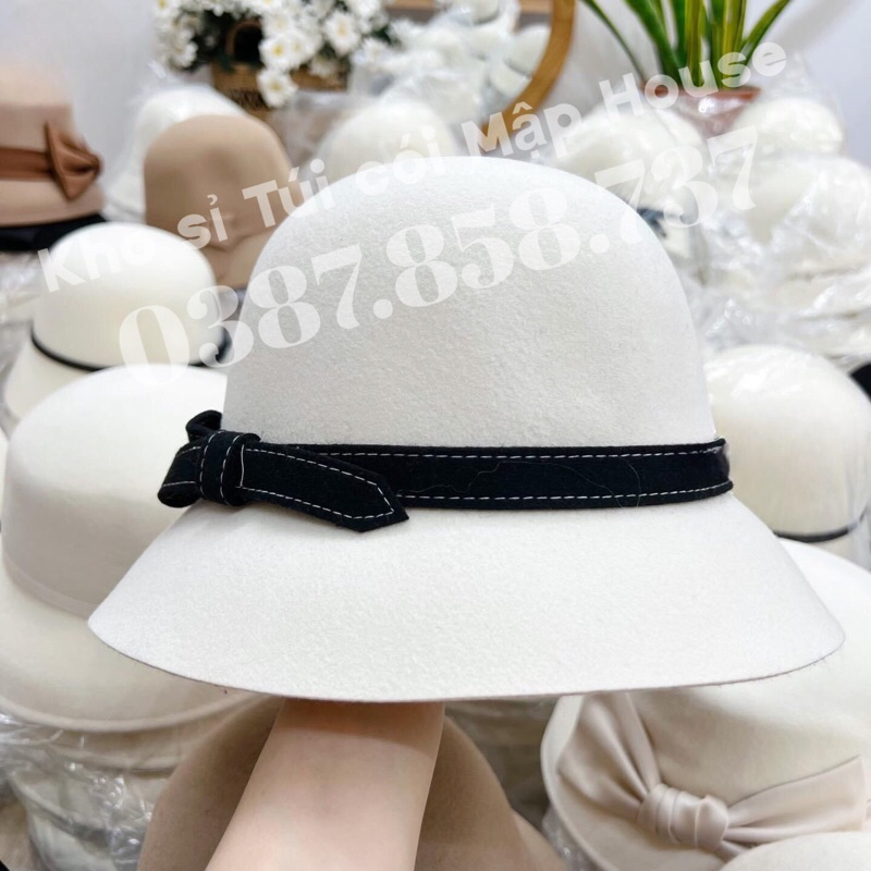 Mũ dạ ép nơ kẻ tiểu thư phong cách Vintage mẫu mới nhất mùa đông 2023