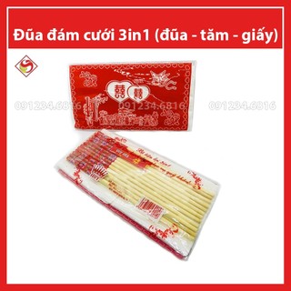 (10 gói) - Đũa đám cưới 3in1: Đũa + tăm + giấy