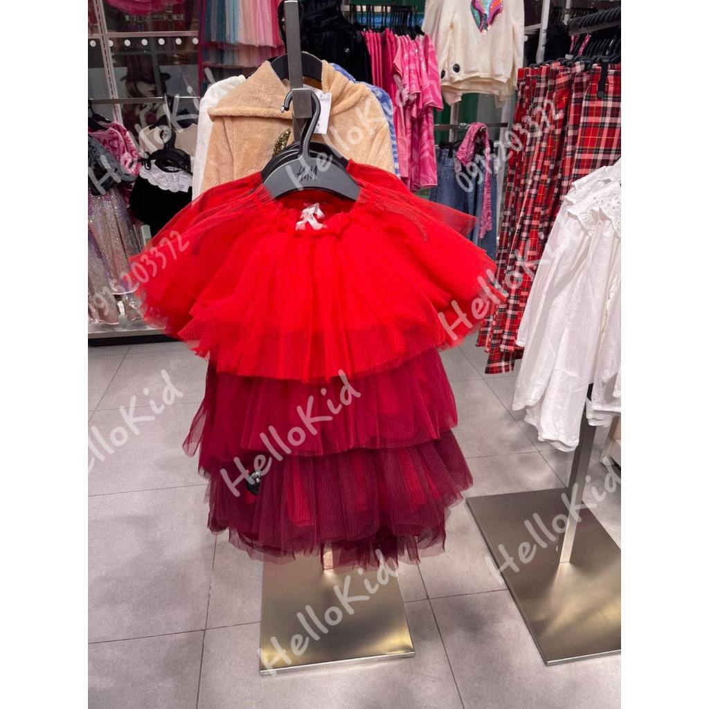 Váy ren phối màu đỏ dập ly tay xoè cho bé