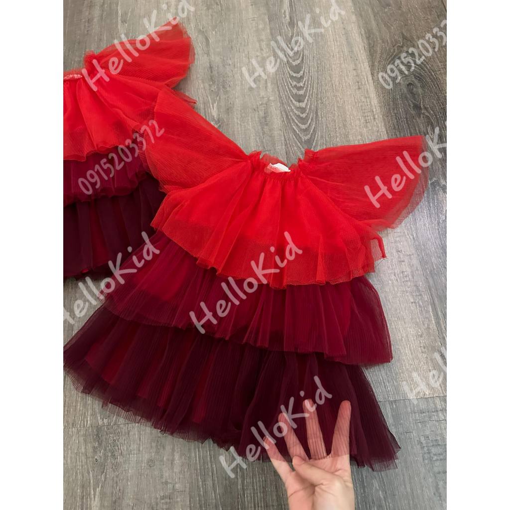 Váy ren phối màu đỏ dập ly tay xoè cho bé