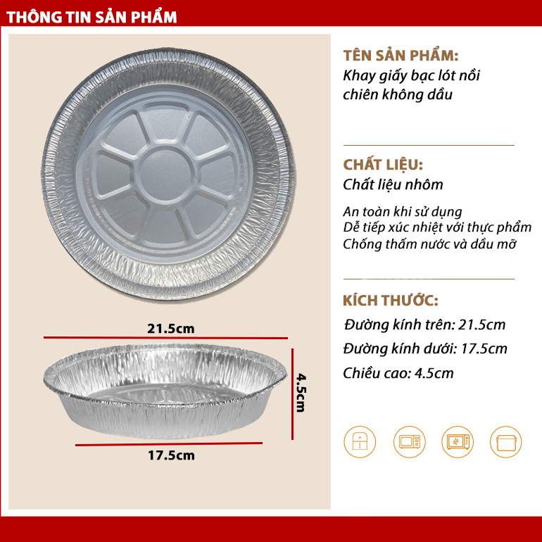 Sét 10 Bát Giấy Bạc Lót Nồi Chiên Không Dầu, Bát Bạc Nướng Thực Phẩm Đường Kính 22cm