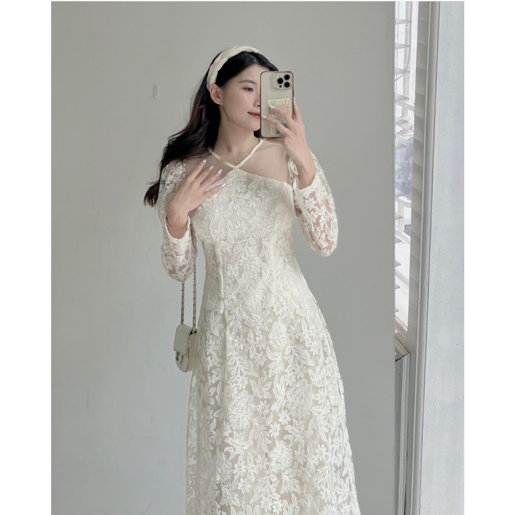 Set áo dài cách tân ren hoa nổi cổ yếm siêu xinh Áo dài tết 2024 DORITA BOUTIQUE