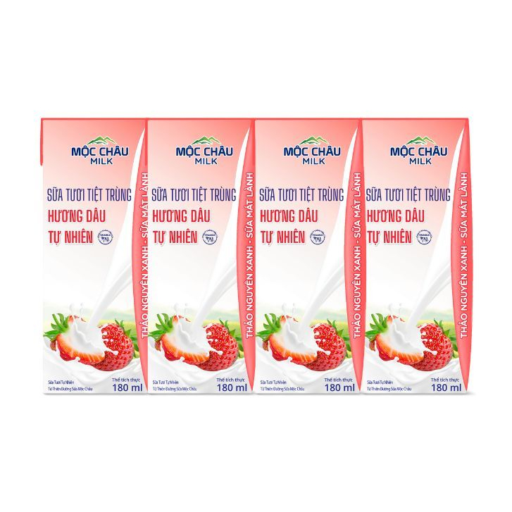 Lốc 4 hộp Sữa tươi tiệt trùng Hương dâu 180ml Mộc Châu Milk (180 ml x 4 Hộp)