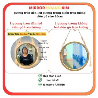 Gương trang điểm đèn led, Gương tròn treo tường viền gỗ decor trang trí phòng size40 kèm phụ kiện guonghoangkim.official