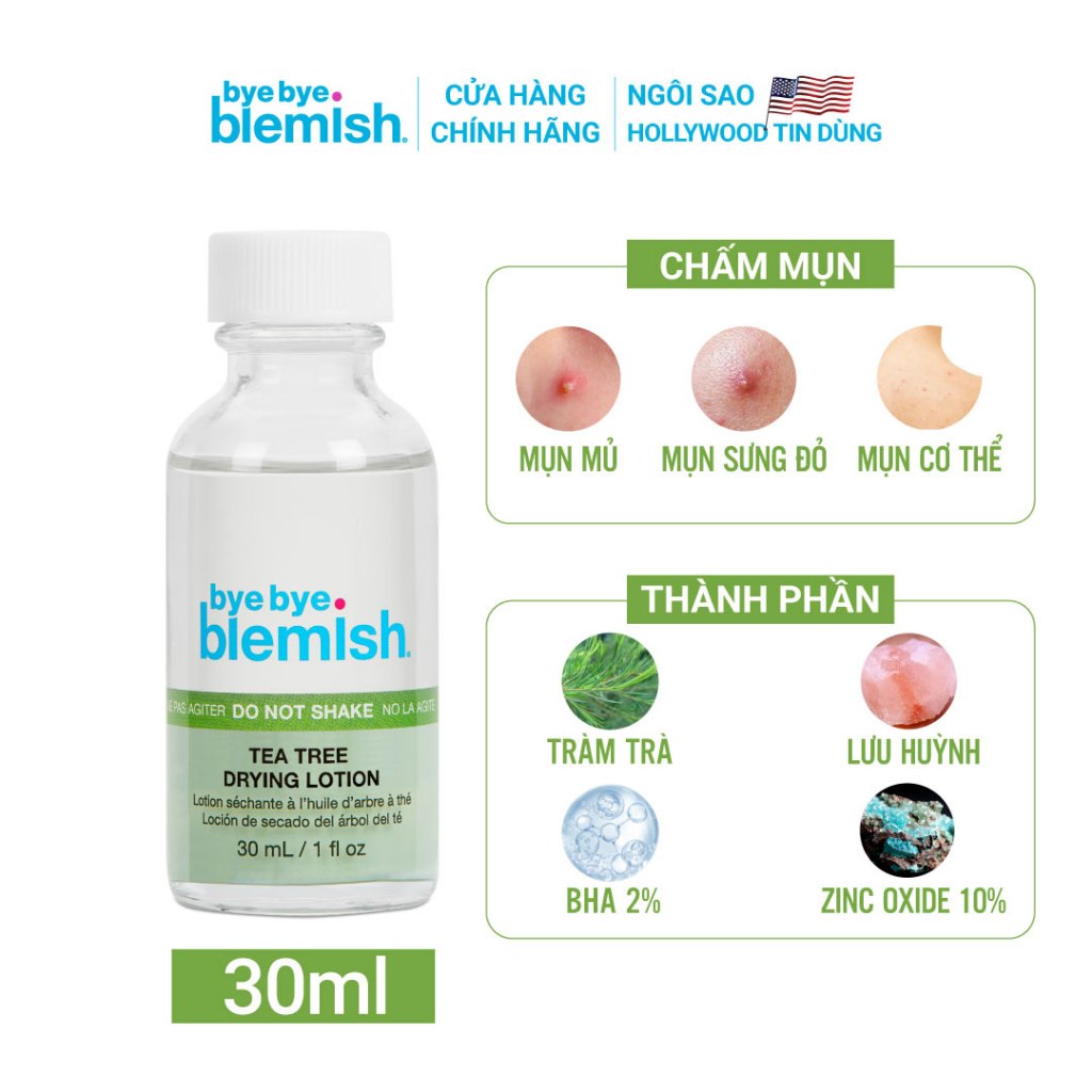 Chấm Mụn Tràm Trà Giảm Mụn Nhanh Dành Cho Mụn Sưng Viêm, Mụn Mủ Bye Bye Blemish Tea Tree Drying Lotion 30ml