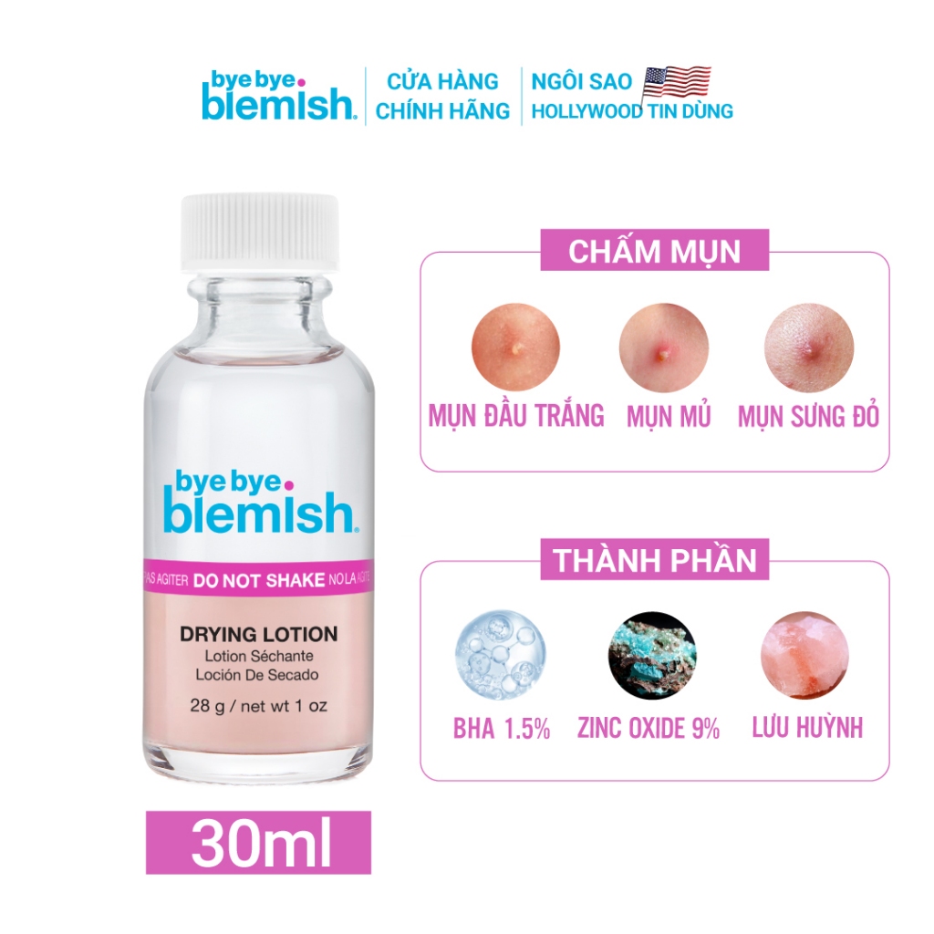 Chấm Mụn Giảm Mụn Nhanh Sau 1 Đêm Dành Cho Mụn Trắng, Sưng Đỏ Bye Bye Blemish Original Drying Lotion 30ml