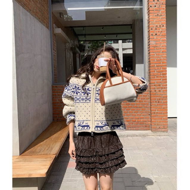 Áo Khoác Cardigan Len Dệt Kim Cổ Đứng Loại 1 Nặng 0,8kg Phối Khóa Kéo Thêu Hình Hoa Tuyết Hàn Quố