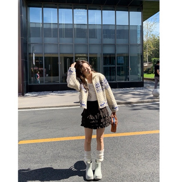 Áo Khoác Cardigan Len Dệt Kim Cổ Đứng Loại 1 Nặng 0,8kg Phối Khóa Kéo Thêu Hình Hoa Tuyết Hàn Quố