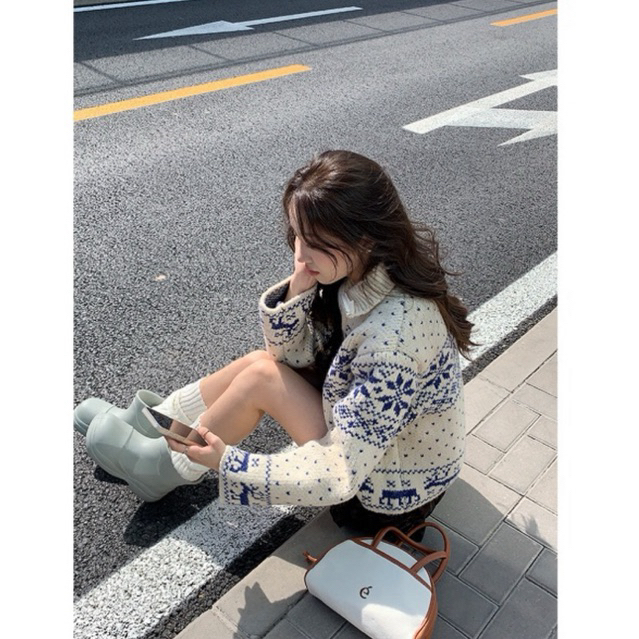 Áo Khoác Cardigan Len Dệt Kim Cổ Đứng Loại 1 Nặng 0,8kg Phối Khóa Kéo Thêu Hình Hoa Tuyết Hàn Quố