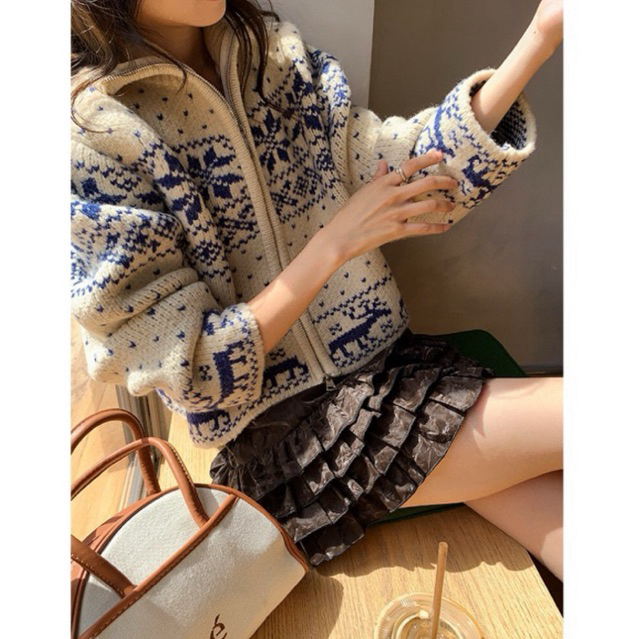 Áo Khoác Cardigan Len Dệt Kim Cổ Đứng Loại 1 Nặng 0,8kg Phối Khóa Kéo Thêu Hình Hoa Tuyết Hàn Quố