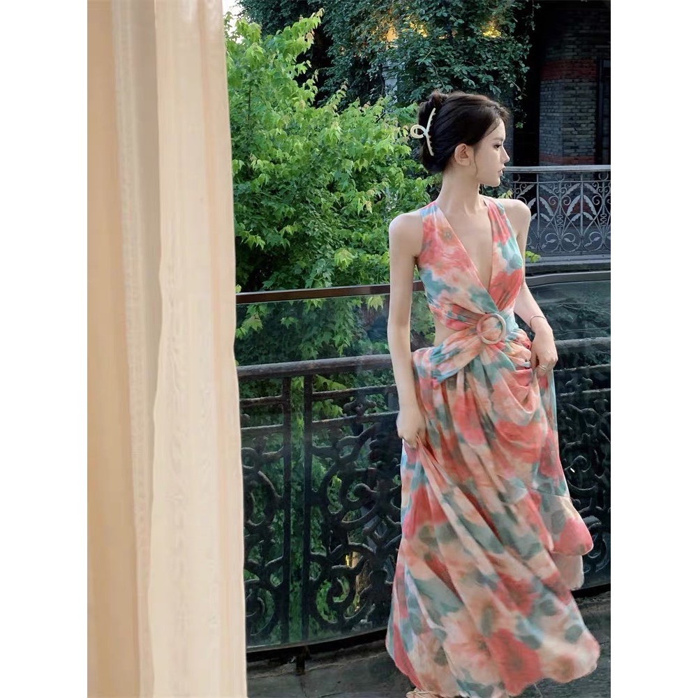 Đầm Maxi Hoa, Đầm Khoét Eo Lưng Đan Dây Phong Cách Ngọt Ngào Quyến Rũ Douyin Style
