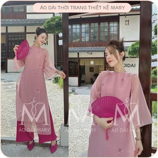Áo dài cách tân 4 tà dáng suông họa tiết thêu nhành đào - áo dài mary