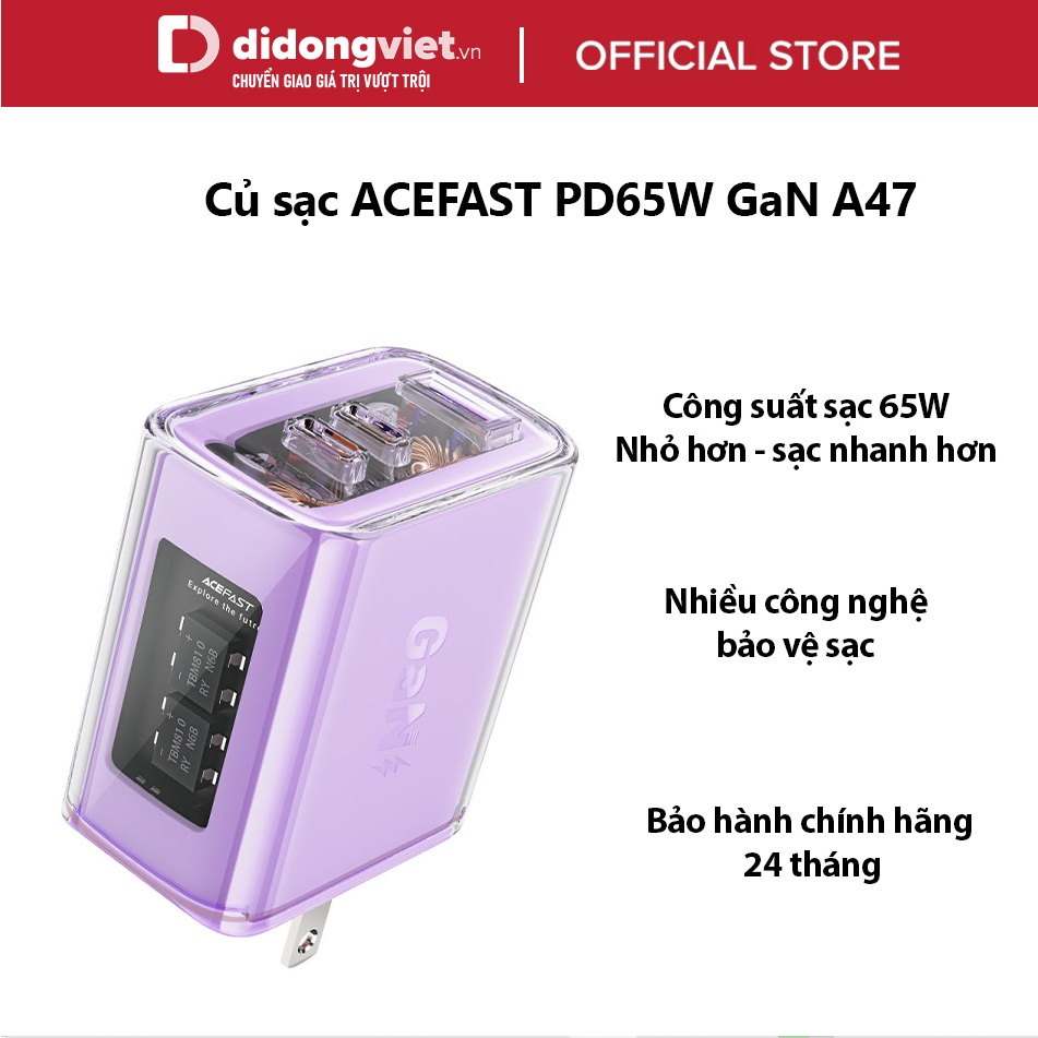 Củ sạc ACEFAST PD65W GaN (2 USB-C & USB-A) A47 Chính hãng - Công suất sạc 65W, Công nghệ GaN, Bảo hành 24 tháng
