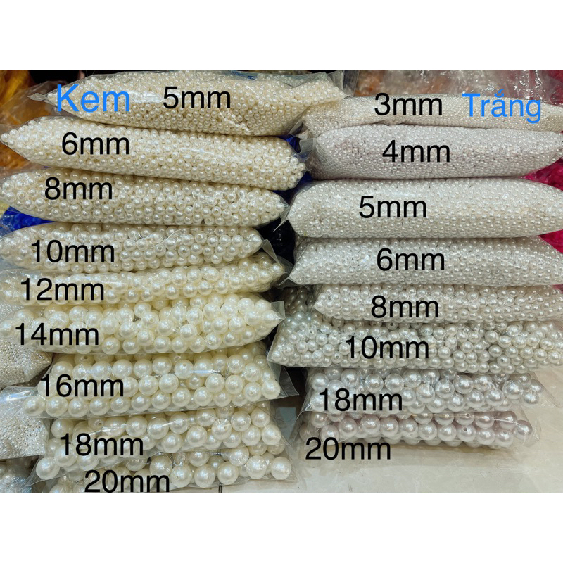100gram Hạt ngọc nhựa có lỗ xỏ gói đủ size 3mm 4mm 5mm 6mm 8mm 10mm 12mm 14mm 16mm 18mm 20mm 100gram