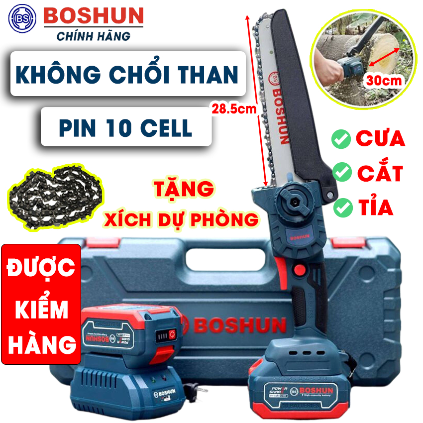 [KHÔNG CHỔI THAN] Máy Cưa Xích Pin BOSHUN BS-CS08 - 100% Lõi Đồng - Chân Pin Phổ Thông Makita - Cưa Gỗ, Cắt Cây,...