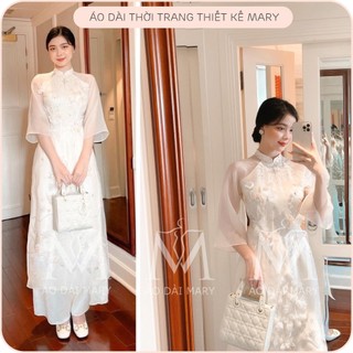 Áo dài mita cách tân thời trang đẹp, thiết kế màu trắng bốn tà đính hạt thủ công - áo dài mary