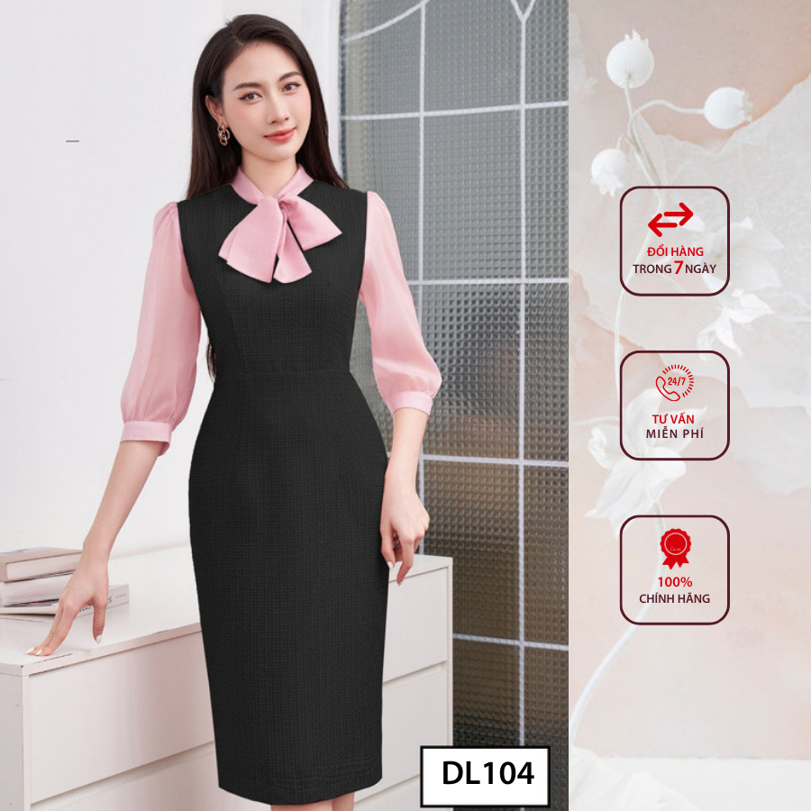 Đầm công sở HELEN thiết kế dáng ôm màu đen phối voan hồng DL104