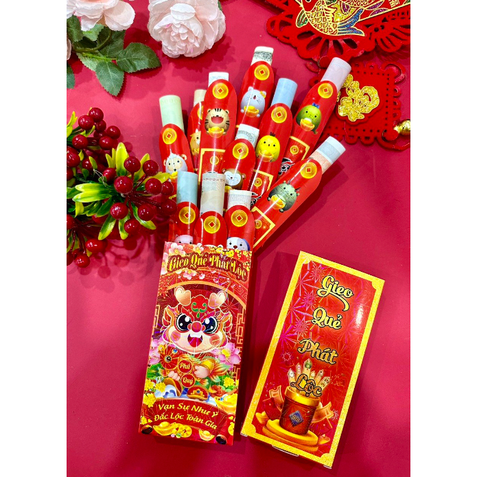 Bao lì xì gieo quẻ cán dạ quang ,combo 12 quẻ+1 hộp. màu sắc vui tươi ,rộn ràng không khí, bao lì xi quẻ,lì xì tết 2024