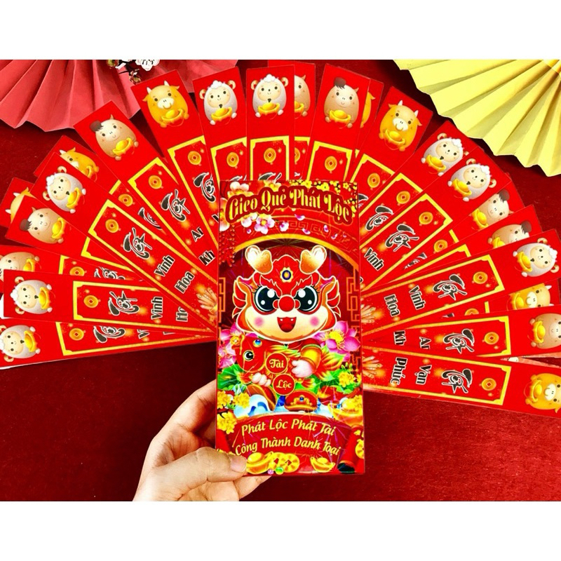 Bao lì xì gieo quẻ cán dạ quang ,combo 12 quẻ+1 hộp. màu sắc vui tươi ,rộn ràng không khí, bao lì xi quẻ,lì xì tết 2024