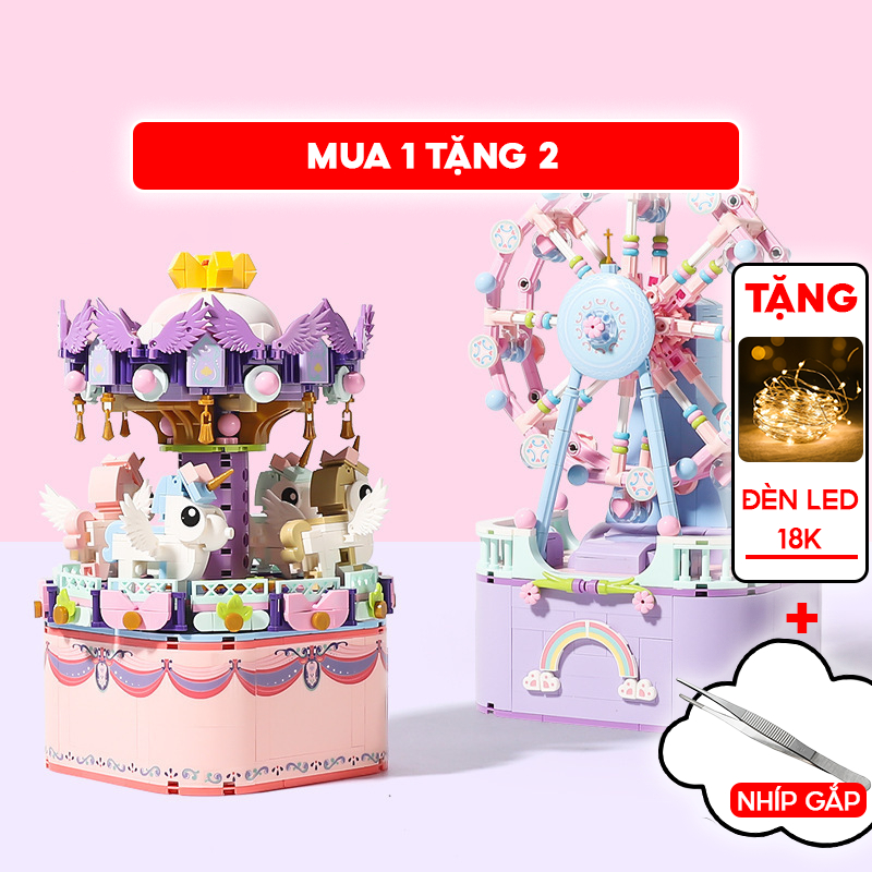 Đồ chơi lắp ráp Lego Hộp Nhạc Vòng Đu Quay Ngựa Gỗ, có vặn cót phát nhạc dễ thương, Bảo Hành trong 30 ngày