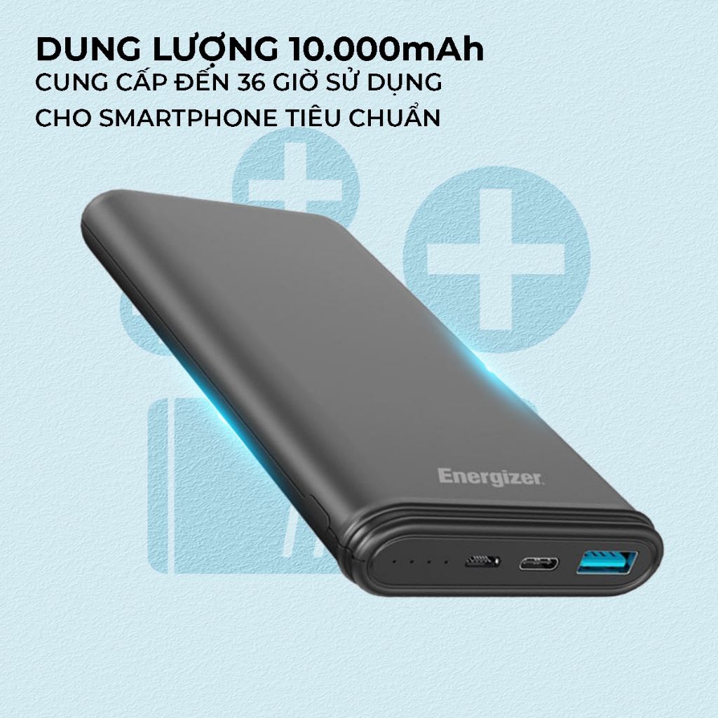 Sạc dự phòng Energizer 10000mAh UE10053/UE10026 - Thiết kế gọn nhẹ, tích hợp 2 cổng outputs - Hàng chính hãng