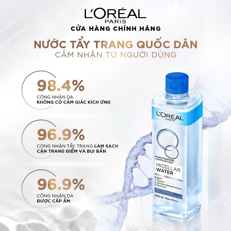 [L'OREAL PARIS] Nước Tẩy Trang Cho Trang Điểm Đậm Giúp Sạch Sâu Tối Ưu Micellar Water 3-in-1 Deep Cleansing 95ml