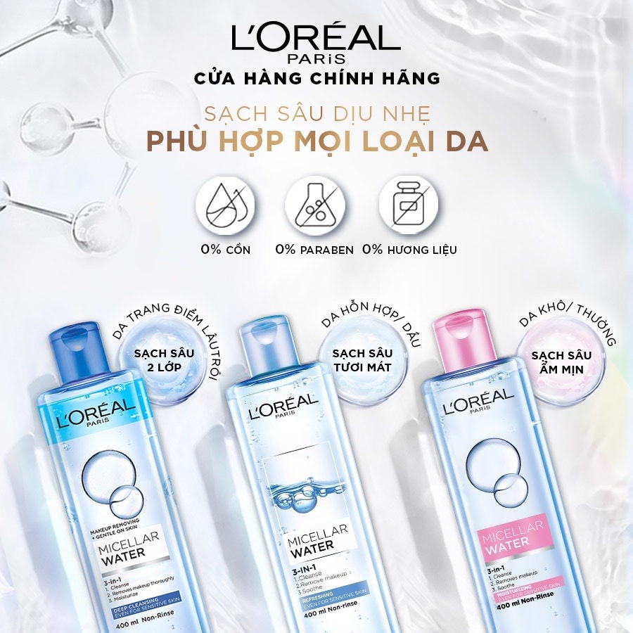 [L'OREAL PARIS] Nước Tẩy Trang Cho Trang Điểm Đậm Giúp Sạch Sâu Tối Ưu Micellar Water 3-in-1 Deep Cleansing 95ml