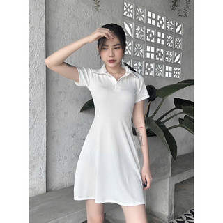 Đầm Xoè Suông Cổ Trụ Bẻ Trơn