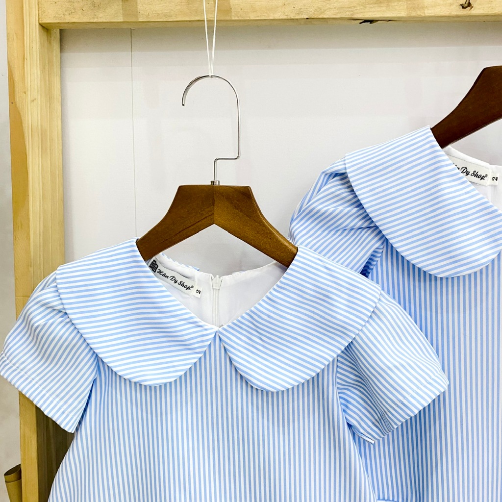 Váy A chất cotton ngắn tay cổ tim , tùng xếp ly