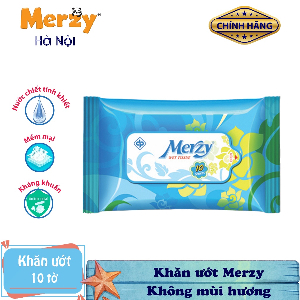 Khăn Ướt Merzy Dịu Nhẹ An Toàn Tiện Lợi Không Mùi 10 Tờ