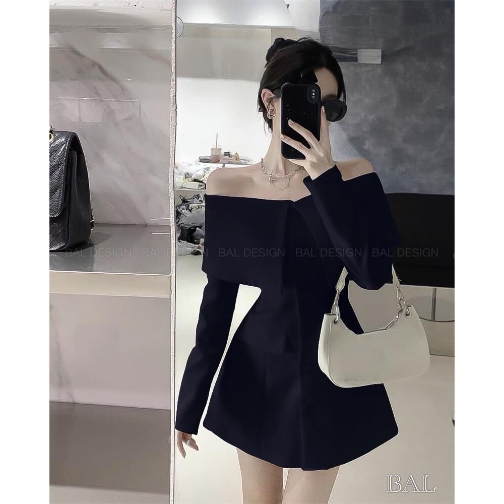 Áo váy trễ vai dài tay kèm quần tăm bên trong vải chéo ép mùng chuẩn form