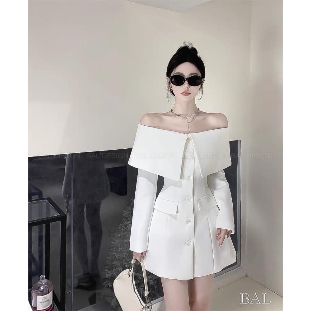 Áo váy trễ vai dài tay kèm quần tăm bên trong vải chéo ép mùng chuẩn form