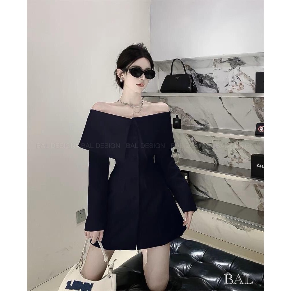 Áo váy trễ vai dài tay kèm quần tăm bên trong vải chéo ép mùng chuẩn form