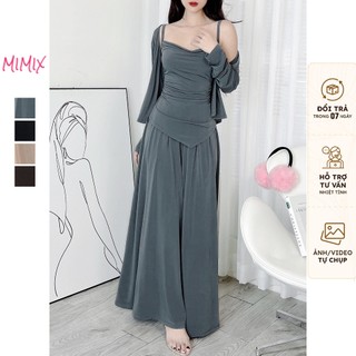 Set Bộ Nữ 3 Món Áo Khoác Nữ, Áo 2 Dây Kèm Quần Ống Rộng 2 Màu MIMIX DL7195