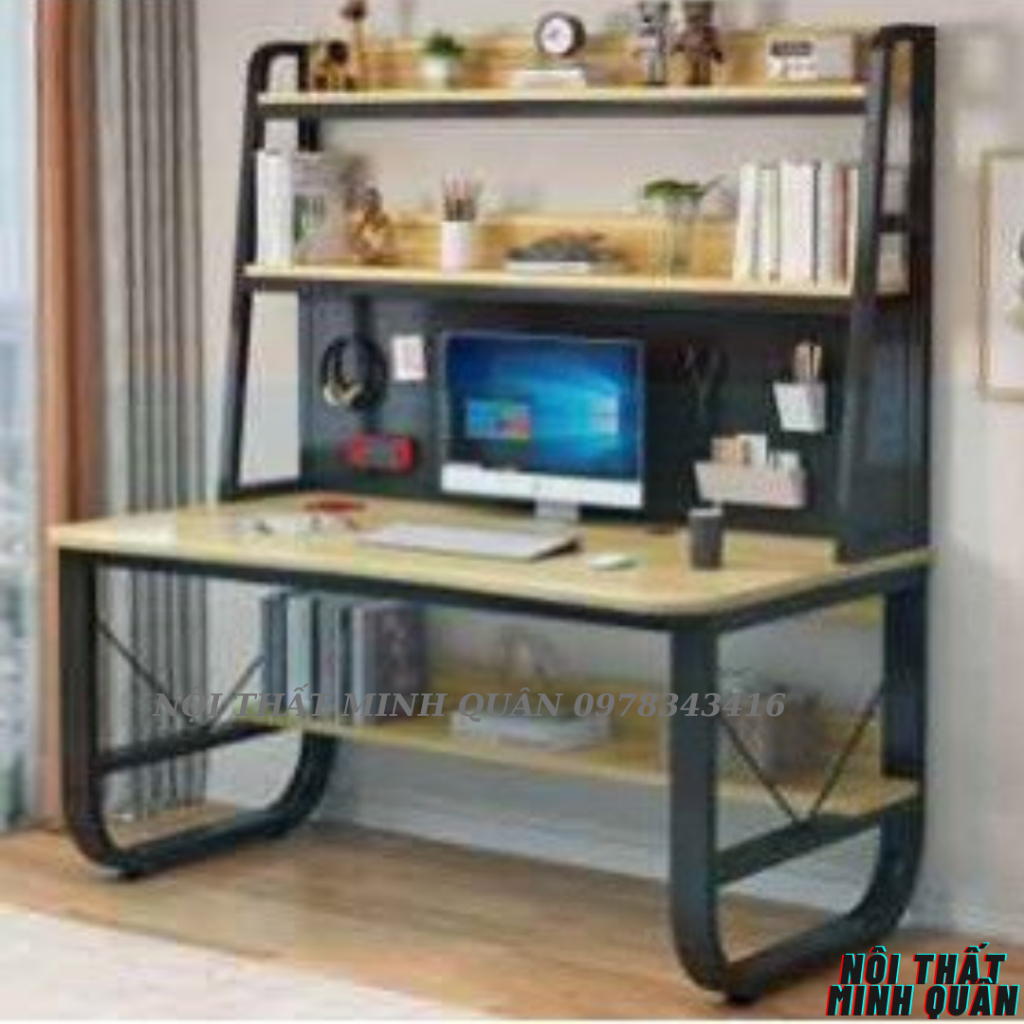 Bàn làm việc máy tính ,Bàn văn phòng có giá kệ để sách 2 tầng, chân bàn uốn cong độc đáo ,mặt bàn gổ MDF 17MM Phủ Melani