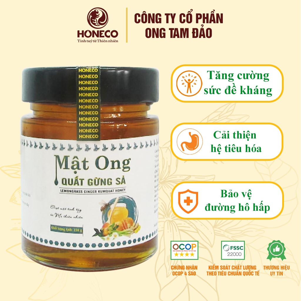 Mật ong Quất gừng sả HONECO 250g - Tăng cường sức đề kháng, bảo vệ đường hô hấp như ho, cảm cúm, cảm lạnh