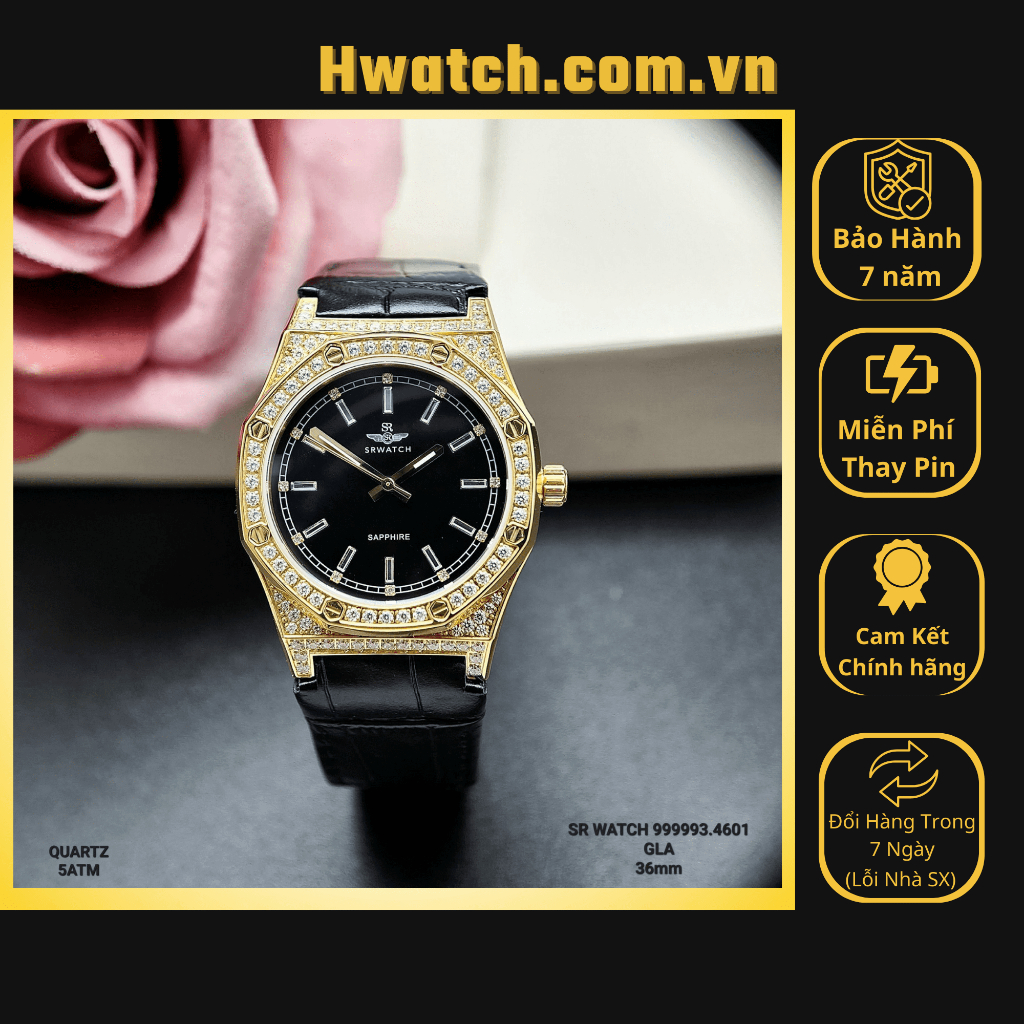 Đồng Hồ Nữ SR WATCH SL99993.4601GLA Dây Da Đen Vỏ Mạ Gold