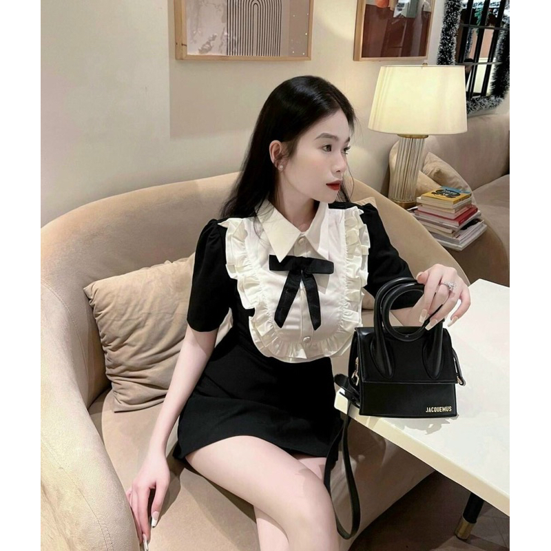 Đầm Nhung Tay Ngắn Cổ Sơ Mi Viền Bèo Nơ Dáng Ngắn  Hàng đẹp