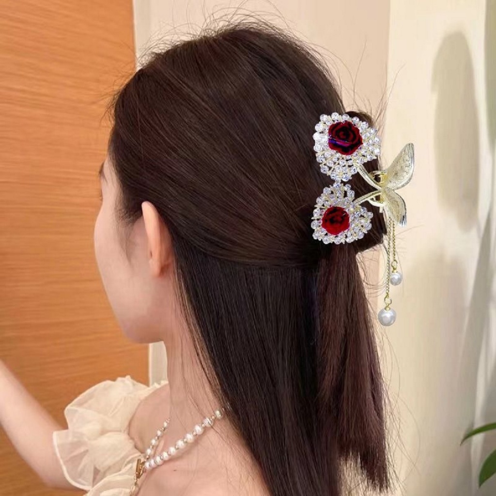 Kẹp Tóc Nửa Đầu Hoa Hồng Có Dây Tua Rua