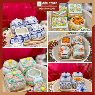 Khay mứt tết, khay - hũ sứ đựng bánh kẹo có nắp đậy hàng vẽ tay - gốm bát tràng