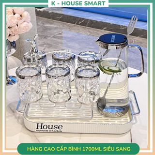 Bộ bình nước thuỷ tinh viền bạc K House cao cấp vân nổi có khay cốc thuỷ tinh sang trọng 1700ml siêu đẹp