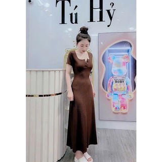 [SALE LOXOO VỐN] Đầm thun gân nữ ôm body dáng dài cổ vuông đính nút, đầm nữ tay ngắn dáng suông nhẹ nhàng