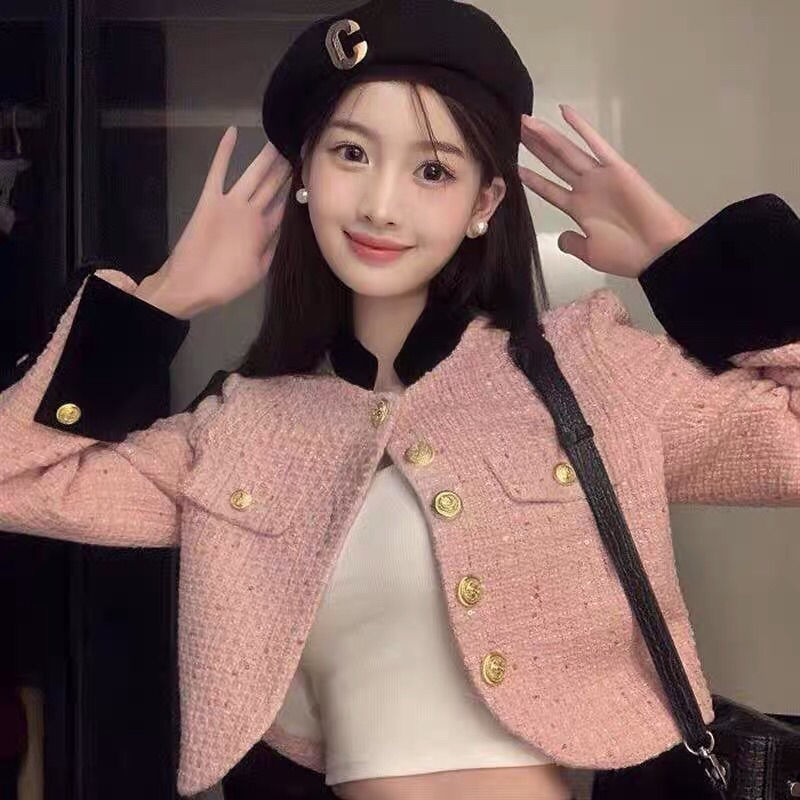 Khoác dạ tweed hồng phối đen croptop siêu xinh