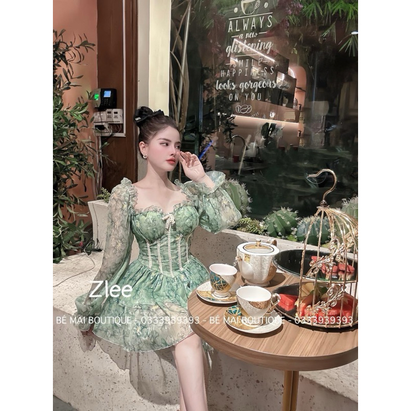 Đầm xoè voan hoa tầng tay dài phong cách ngọt ngào
