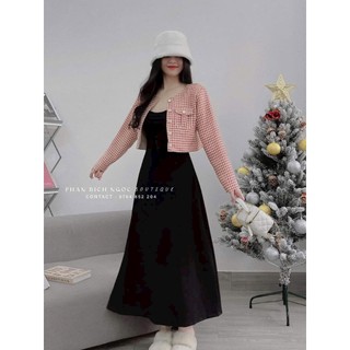 Set đầm 2 dây đen xòe kèm áo khoác croptop họa tiết sọc caro siêu xinh