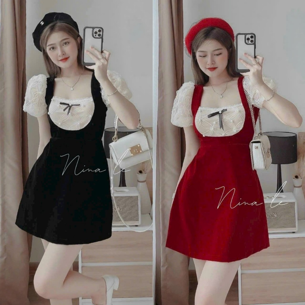Đầm xòe nhung phối ren tay phồng dễ thương siêu xinh mặc đi chơi noel, hẹn hò